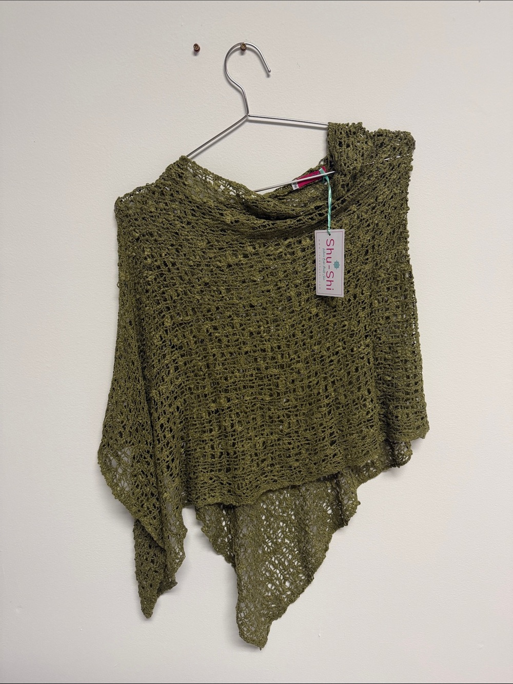 Olive Green Knit Open-Weave Poncho